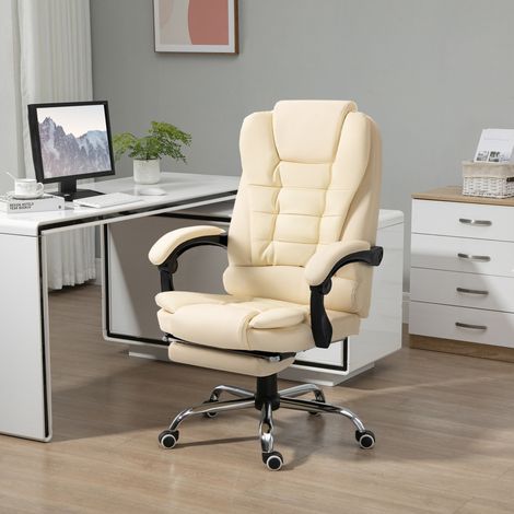 Poltrona ufficio con poggiapiedi, pelle rigenerata crema, reclinabile 145°, poggiatesta, 64,5 x 69 x 109-117 cm (1/5)