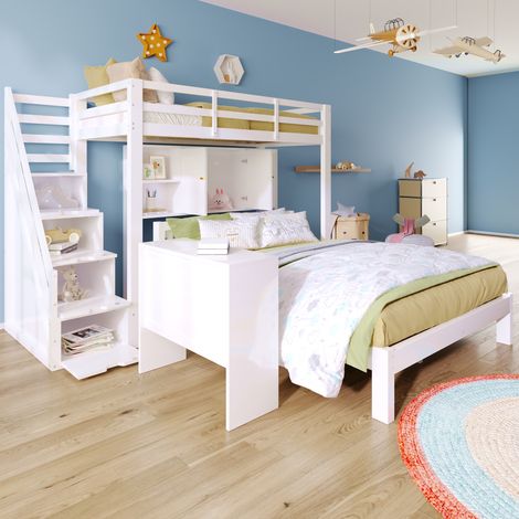 Lit superposé enfant 90x200 cm + 140x200 cm - avec escalier de rangement et bureau amovible - en Bois massif et MDF - Blanc (1/5)