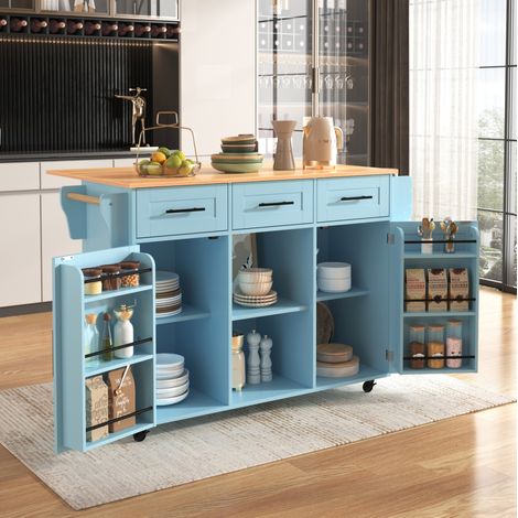 Isla de cocina con ruedas 139x46(71)x91,5 cm, tablero abatible, MDF azul, REDOM (1/5)