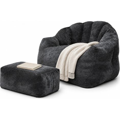 Sessel mit Hocker, Faltige Rückenlehne aus Flanell, Gepolsterte Sitzfläche, Schwarz (1/5)