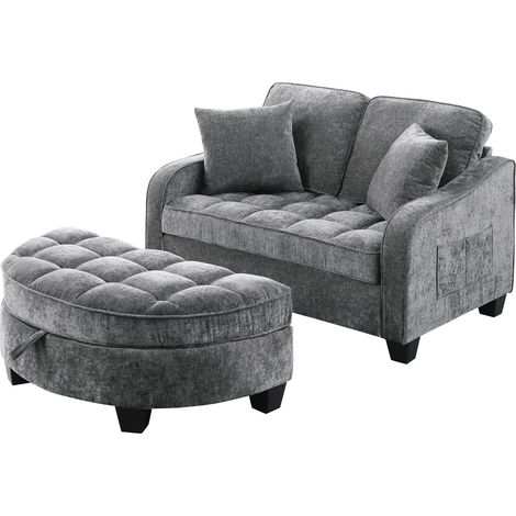 Canapé Convertible 2 Places avec Pouf de Rangement, Tissu Respirant, Bois d'Eucalyptus, Gris Foncé (1/5)