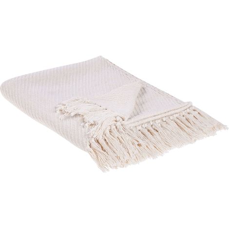 Coperta plaid beige in cotone con frange fatta a mano 125 x 150 cm Yarsa