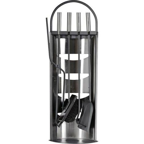 Serviteur de cheminée (4 pièces, avec balai, pelle, pince de préhension et tisonnier, kit de cheminée avec support, acier inoxydable)