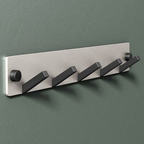 Mai & Mai Kleiderhaken Wandgarderobe Wandhaken aus Edelstahl mit 5 Haken Garderobenleiste Garderobenhaken 30cm Matt schwarz + Nickel gebürstet Stalo-05