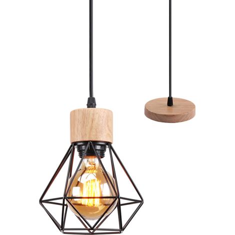 – Lustre suspension cage diamant métal E27 – Plafonnier en bois noir – Câble ajustable 100cm – Convient pour cafés et salons (1/5)