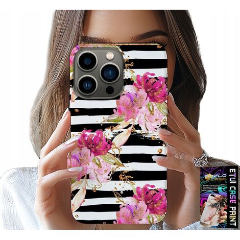 Funda para iPhone 16 Pro - Estampado de flores y rayas blancas y negras (1/5)