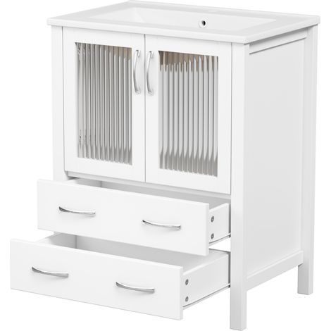 Mobile bagno freestanding 61 cm bianco lucido con lavello in ceramica, cassetti e vetro rigato (1/5)