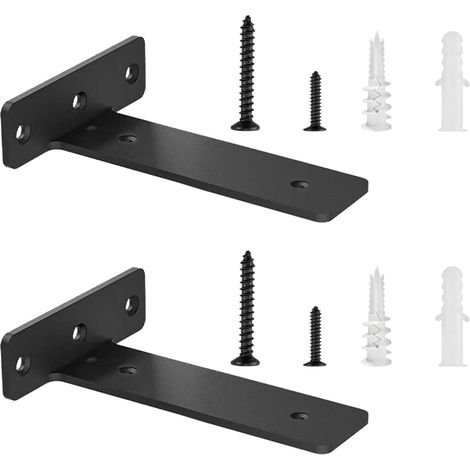 2 Pièces - Support étagère flottante - Équerre murale - Acier robuste charge lourde 70 kg - Fixation invisible pour salon bureau cuisine - Noir - 25 cm (1/5)