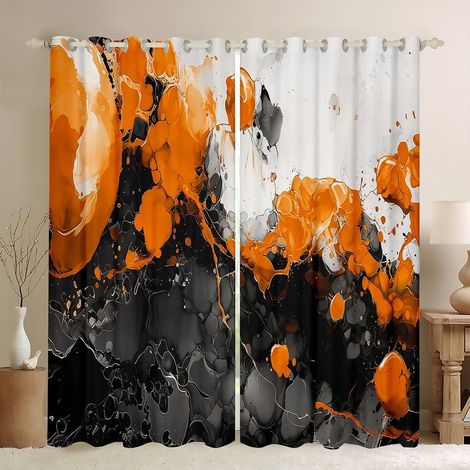 Rideau Occultant 140x260 cm Art Abstrait,Rideau Orange,Rideaux Voilage Art Fluide d'encre de Texture de Marbre Ombre,Voilage Fenetre Marbrage Noir Gradient pour Chambre Salon - 140L X 260H cm (2 Panne (1/5)
