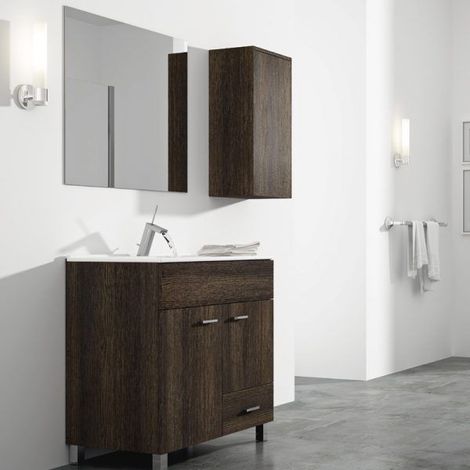 Meuble de salle de bains Samos avec lavabo et miroir. Livré assemblé. 90CM avec le vasque déplacé vers la gauche Roble Evasión