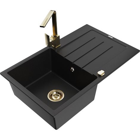 Mexen Bruno 1 Becken-Granitspüle mit Abtropffläche und Mischbatterie Rita, Schwarz - 6513-77-670300- (1/5)