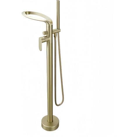 robinet Sur Pied Pour Baignoire Cascade, Mitigeur Baignoire Ilot, 2 Modes De Poignée Autoportante, Brosse-A (1/5)