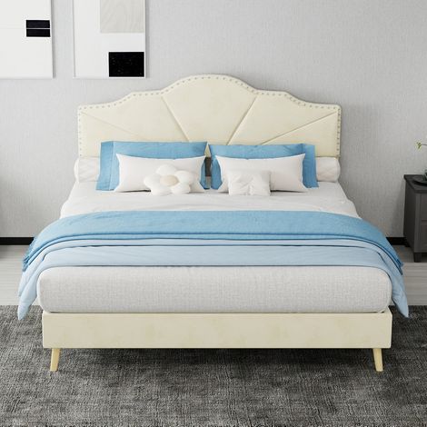 Lit 140x200 avec tête de lit tissu beige métal OKMYHOME (1/5)