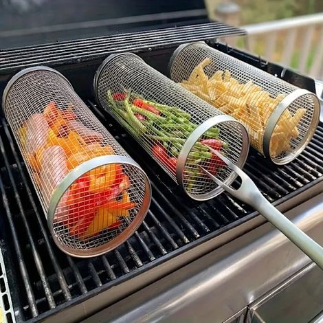 Panier à griller rond en acier inoxydable (1 pièce), panier à griller extérieur, gril portable pour la cuisson en plein air (1/4)