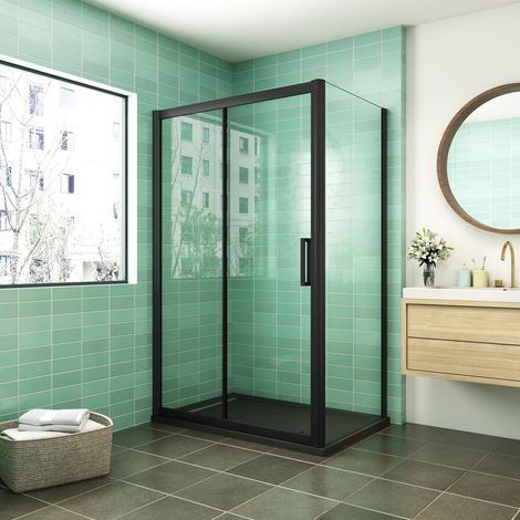 Aica Sanitaire – Cabine de douche 120x80x195cm – Porte coulissante avec amortisseur – Verre anticalcaire 8mm – Profilé noir mat – Gain d'espace sans receveur (1/5)