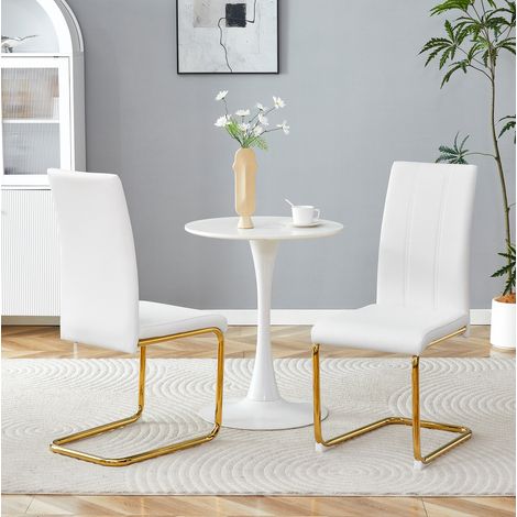 Chaise de salle à manger, en PU et métal, avec dossier, style moderne, blanc et doré (1/5)
