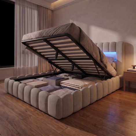 Lit coffre double 140x200 cm avec éclairage LED et USB, lit adulte capitonné en lin, moderne, Beige