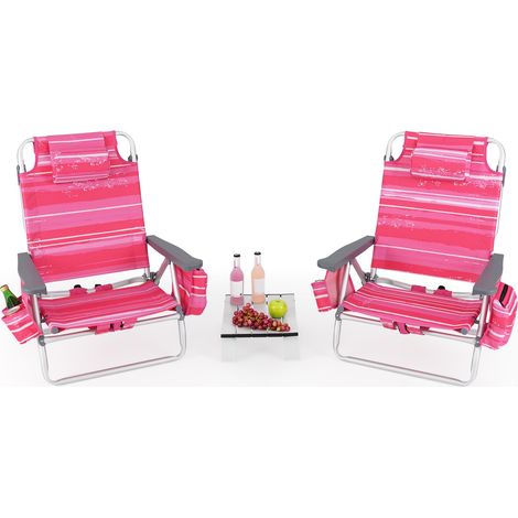 COSTWAY Lot de 2 Chaises de Plage Pliante avec Table Enroulable en Aluminium, Fauteuil de Jardin Inclinables à 5 Positions Charge Max 136 KG, pour Randonnée Plage Pêche (Rose) (1/5)
