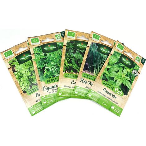 Pack de 5 sachets graines aromatiques BIO : Basilic - Ciboulette -Coriandre - Persil - Cerfeuil