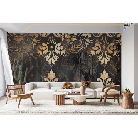 Papier peint baroque - damas or et noir patiné - 150 x 250 cm (1/2)