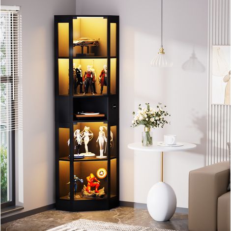 Vitrine en verre 57x40x165 cm noire avec rangement, 5 niveaux, LED, MDF et verre MEUBLIV (1/5)