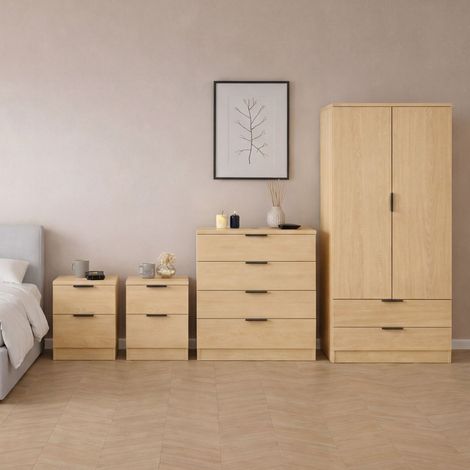 Trega 4pc Bedroom Furniture Set – 2x 2 Drawer Bedside, 4 Drawer Chest & 2 Door Wardrobe, Pine