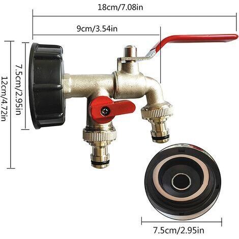 Doppelter Gartenhahn (1/2"), 1000-Liter-Tankhahn, IBC-Wassertankadapter, Regenwassernutzungshahn, Doppelhahn aus Messing und PP, 60-mm-Grobgewinde, S60x6-IBC-Hahnanschluss (1/4)