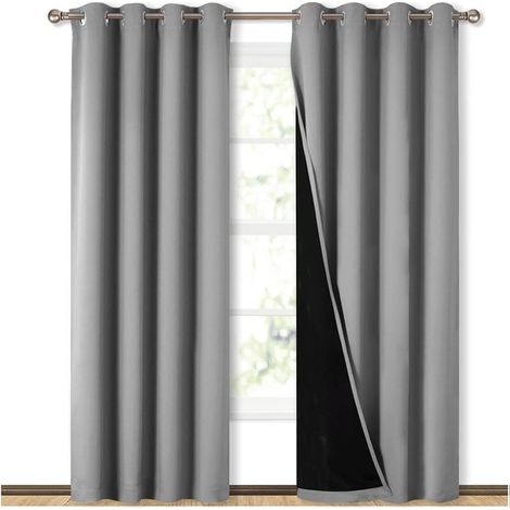 Tissu rideau occultant, rideaux occultants entièrement teintés à froid avec doublure noire, adaptés aux chambres d'enfants. Rideaux thermiques de 84 pouces (gris, lot de 2, chaque panneau de 52 pouces