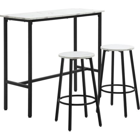 Ensemble table de bar + 2 tabourets structure en acier plateau aspect marbre 2 personnes blanc (1/5)