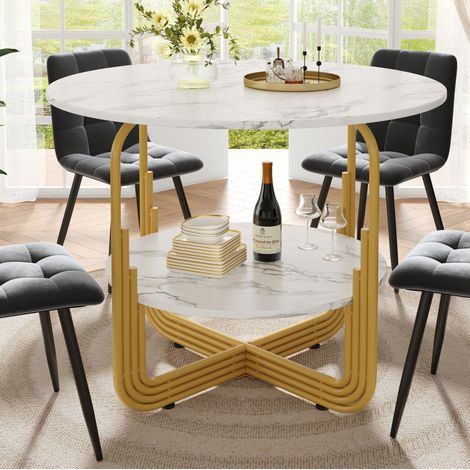 Table à manger ronde 80x80x76 cm dorée en MDF effet marbre avec pieds réglables et rangement bas (1/5)