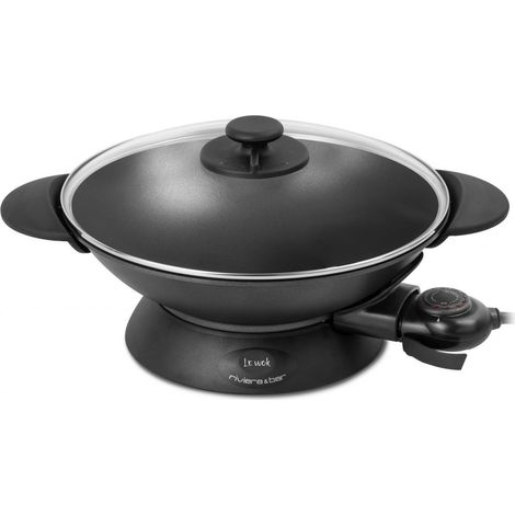 Wok électrique 5L – Cuve en fonte d'aluminium – Puissance 2200W – Thermostat réglable 10 positions – Couvercle en verre avec échappement vapeur – Riviera & Bar (1/5)