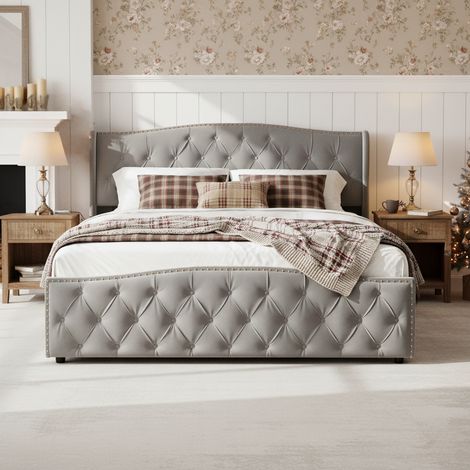 Lit coffre 160x200, lit double capitonné, sommier à lattes, espace de rangement, Tissu lin, Scandinave - Gris (1/5)
