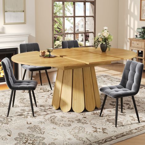 Table à manger ronde extensible 118-158 cm - Table ronde - Table à rallonges - Convertible en Ovale pour Jusqu’à 6 Personnes - pour salle à manger et cuisine - Couleur bois naturel