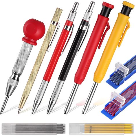 Crayon de Charpentier avec Poinçon Central Pointe en Carbure Crayons Charpentier Mécanique Trou Profond 24pcs Recharges Crayons de Menuisier Solide Outil de Marquage Taille-Crayon Intégré (1/5)