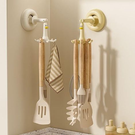 Lot de 2 supports à ventouse – 6 crochets – 360° rotatifs – Jaune et blanc – Sans perçage – Cuisine et salle de bain (1/5)