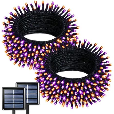 Juego de 2 guirnaldas de luces solares de Halloween de 7 m (23 pies) con 50 LED, 8 modos de iluminación, resistentes al agua, de color morado y naranja, para decoración de jardines, entradas de vehícu (1/5)