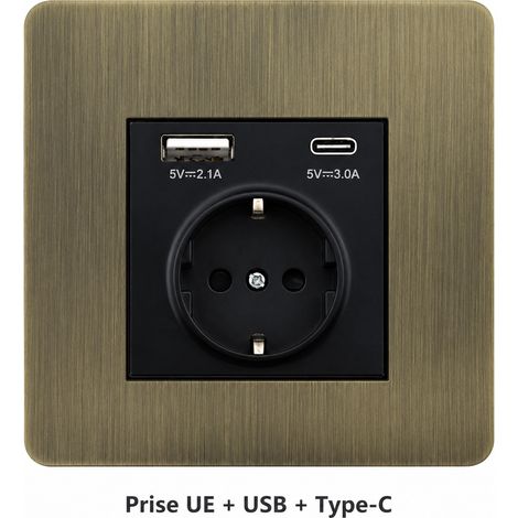Prise murale rétro type 86 Prise européenne USB Type C 9,5 × 9,5 × 4,8 cm panneau inox Bronze brossé – Livraison gratuite