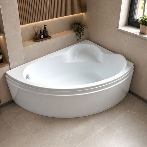 ECOLAM Baignoire d'angle Ada 140x90cm droite + tablier pieds siphon + silicone Set complet (1/5)
