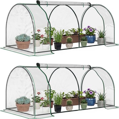 Lot de 2 minis serre tunnel - Outsunny - grande porte zippée bâche plastique transparent - PVC - 2x1x0,8m - vert (1/5)