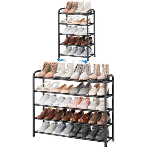 Porte-Chaussures Extensible 5 Étagères Réglables en Métal Noir (45 à 83 cm) - Rangement Chaussures Économique pour Entrée, Couloir ou Placard - Étagère Chaussures Gain de Place