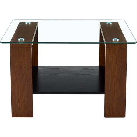 Table basse moderne avec rangement, plateau en verre trempé et pieds en bois de noyer, 65x41x45,5cm, table de salon contemporaine pour bureau à domicile, appartement et petits espaces (1/5)