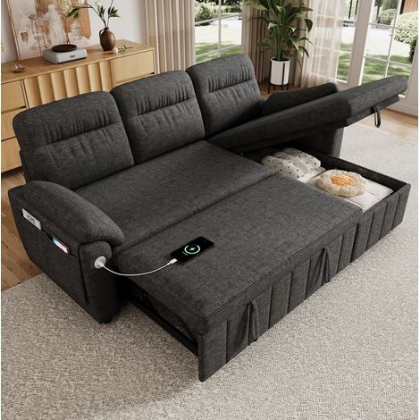 Canapé d'angle modulable 208x131x88 cm en tissu chenille gris, avec rangement pour salon FloraGrace (1/5)