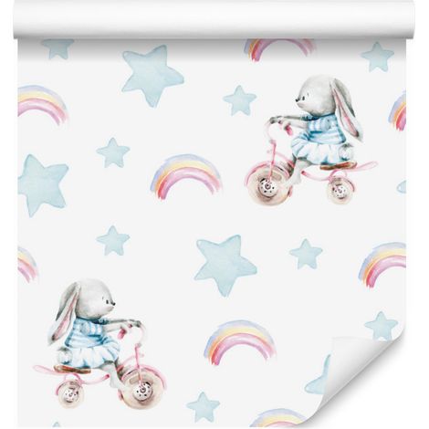 Papel pintado de estrellas y conejos para salón y dormitorio, 50x1000 cm. (1/5)