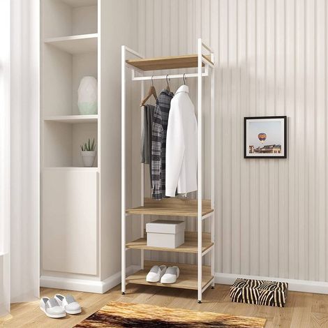 WOLTU Kleiderständer mit Regal Kleiderschrank Offener mit Schuhregal Garderobenständer für Schlafzimmer, Holz und Stahl, Hell Eiche+weiß (1/4)