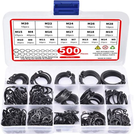 Set di 500 anelli elastici metallici, 20 tipi di anelli elastici tipo E (Φ4/5/6/7/8/9/10/11/12/13/14/15/16/17/18/19/20/22/24/26/28 mm) per fissaggio interno ed esterno