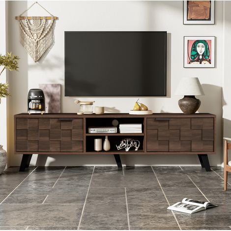TV-Schrank 160.5x35.5x45 cm Holzfarbe aus Spanplatte mit 2 Türen, 2 offenen Fächern und Dämpfungsscharnieren (1/5)