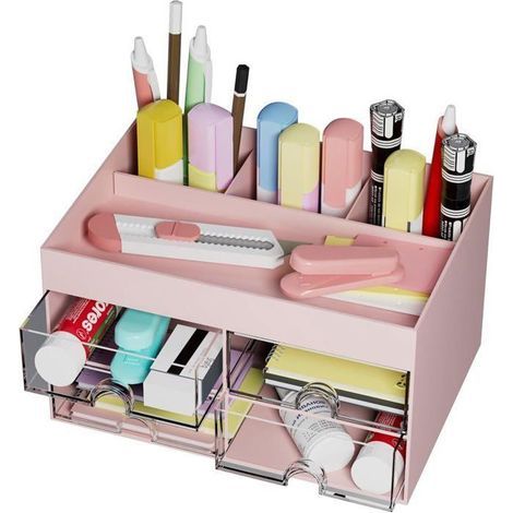 Organisateur de bureau multifonctionnel avec tiroirs rose (1/4)