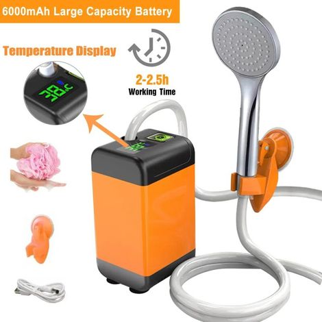 (6000 mAh Type B) Douche électrique d'extérieur portable, pompe de douche rechargeable USB, pommeau de douche étanche avec arroseur intégré pour le camping, les voyages et l'arrosage des animaux de co (1/4)