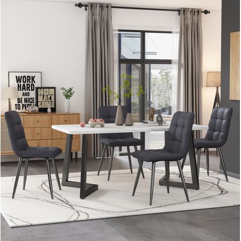 Ensemble de salle à manger MDF gris 117x68 cm avec 1 table rectangulaire et 4 chaises en lin, pieds noirs (1/5)