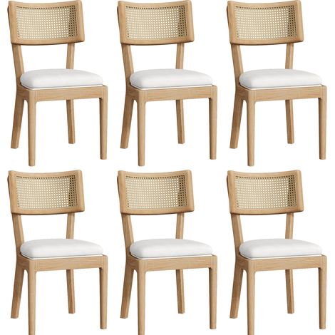 6 sillas de comedor de madera con respaldo de ratán y asiento de lino, estilo moderno, color madera (1/5)